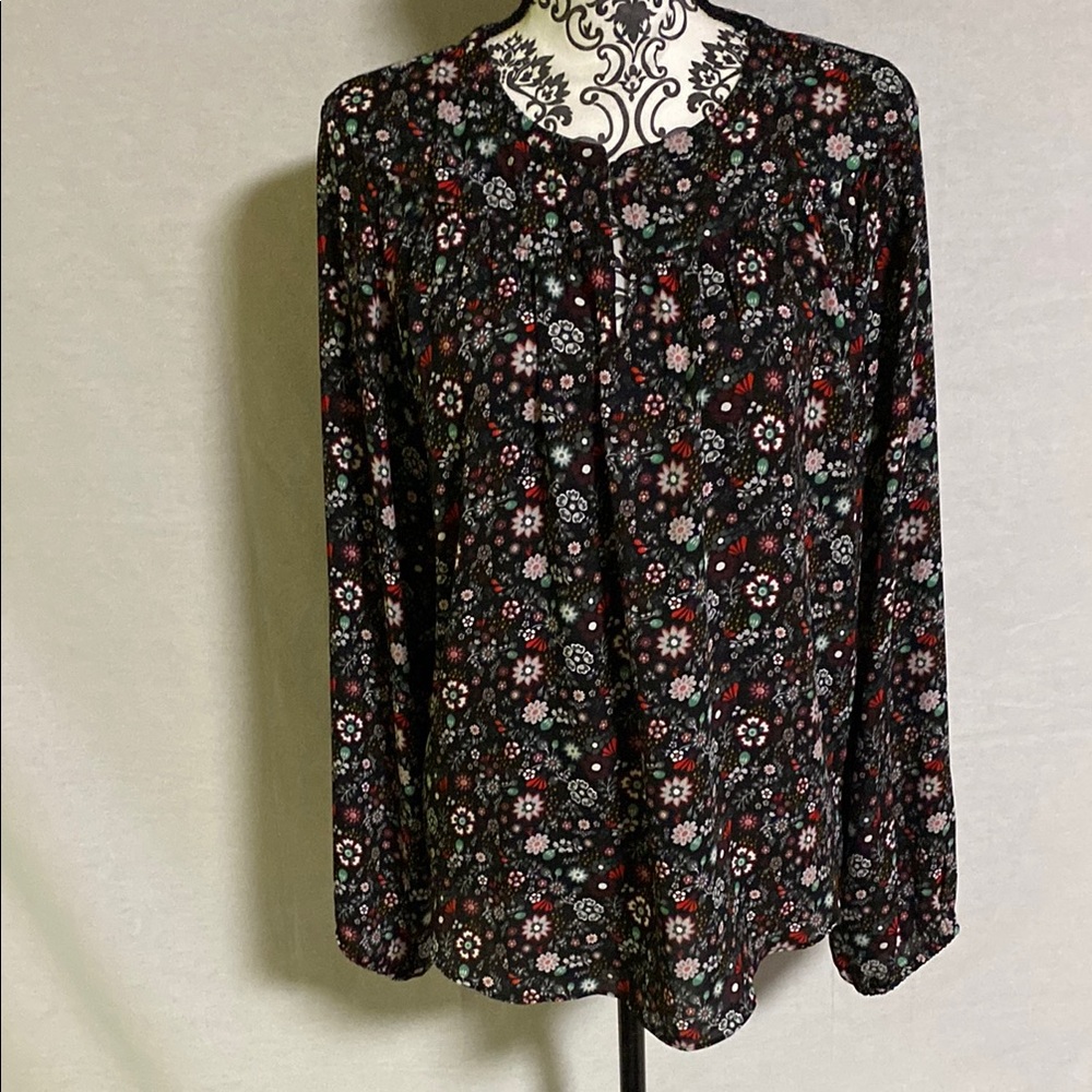 LOFT Black Floral Long-Sleeve Blouse
